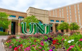 The University of North Texas administration building in Denton stands 