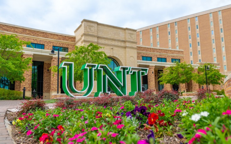 The University of North Texas administration building in Denton stands 